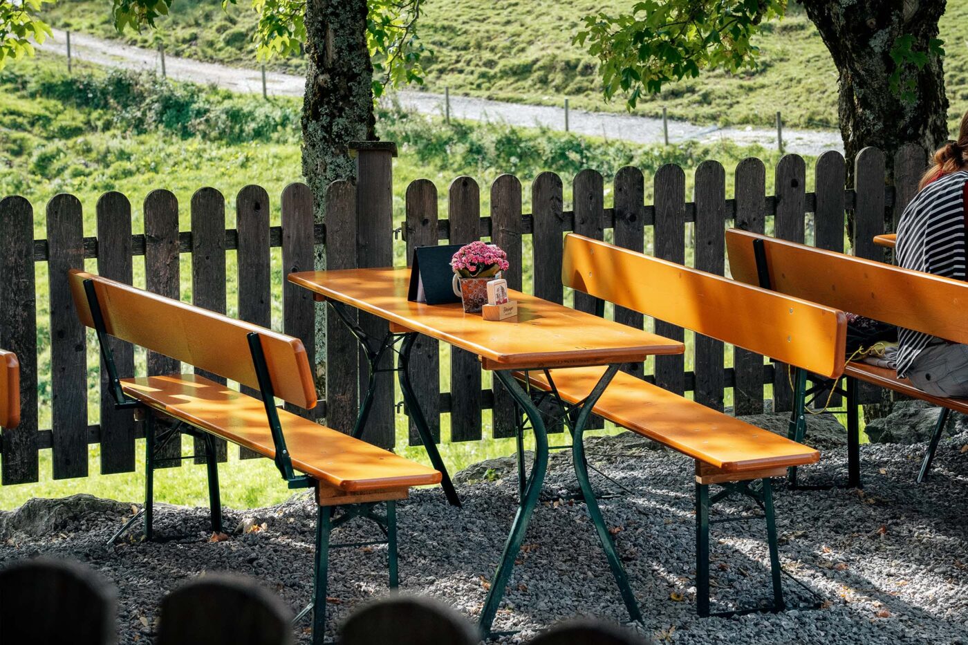 Biertischgarnitur Set Tisch 50cm breit mit Komfortgestell und Bänken mit Lehne in Nuss im Biergarten